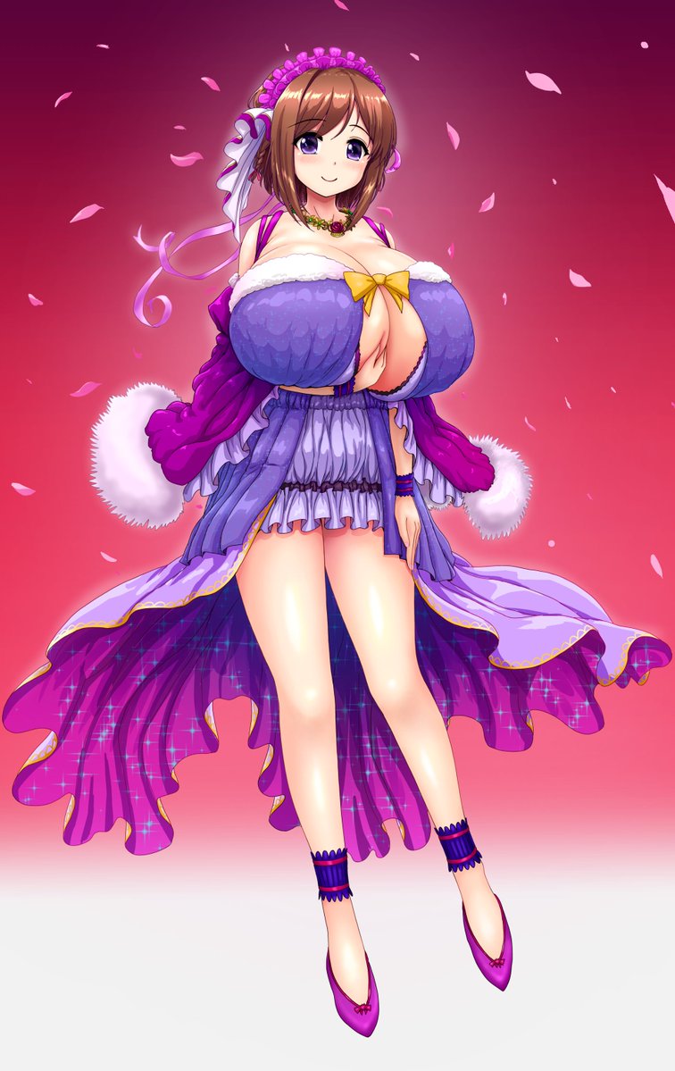1girl ankle_garter blush breast_hold breasts brown_hair btk cleavage detached_sleeves dress female frills full_body fur-trimmed_dress fur-trimmed_sleeves fur_trim garters gigantic_breasts gradient gradient_background hairband honoo_no_haramase_oppai_nyuu_doukyuusei jewelry looking_at_viewer munemoto_minori necklace petals purple_eyes ribbon short_hair simple_background smile solo squeez