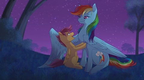 blue_fur cub cutie_mark duo equine feathered_wings feathers female feral friendship_is_magic fur hair horse mammal multicolored_hair my_little_pony night outside pegasus pony purple_hair rainbow_dash_(mlp) rainbow_hair scootaloo_(mlp) sky star tree wings young