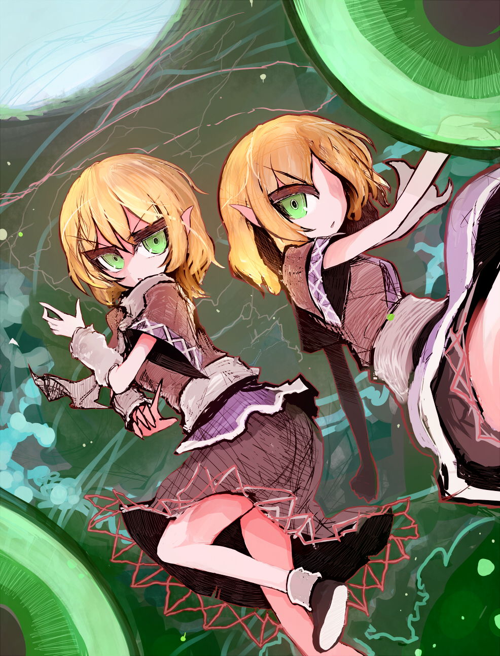 2girls arm_warmers bangs black_footwear blonde_hair breasts dutch_angle eyebrows_visible_through_hair eyes_visible_through_hair feet_out_of_frame green_eyes hair_between_eyes highres looking_at_viewer medium_hair mizuhashi_parsee multiple_girls parted_lips pointy_ears scarf shoes short_sleeves touhou tsuzuku_(hayamisyoto) wide_sleeves