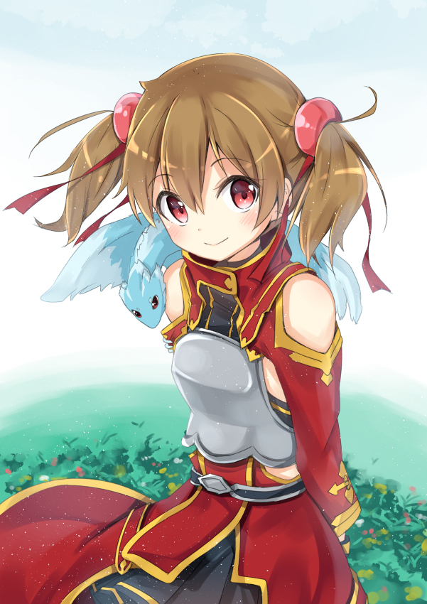 arms_behind_back bad_id bad_pixiv_id banned_artist bare_shoulders blush brown_hair hair_bobbles hair_ornament looking_at_viewer mirai_(macharge) pina_(sao) red_eyes short_hair silica smile solo sword_art_online twintails