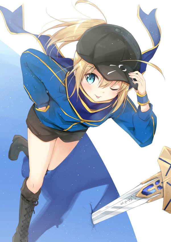 ;p aqua_eyes artoria_pendragon_(all) bad_id bad_pixiv_id banned_artist blonde_hair boots cross-laced_footwear excalibur fate/stay_night fate_(series) hand_in_pocket hat long_hair mirai_(macharge) mysterious_heroine_x one_eye_closed planted_sword planted_weapon ponytail rojiura_satsuki:_chapter_heroine_sanctuary shorts solo sword tongue tongue_out weapon