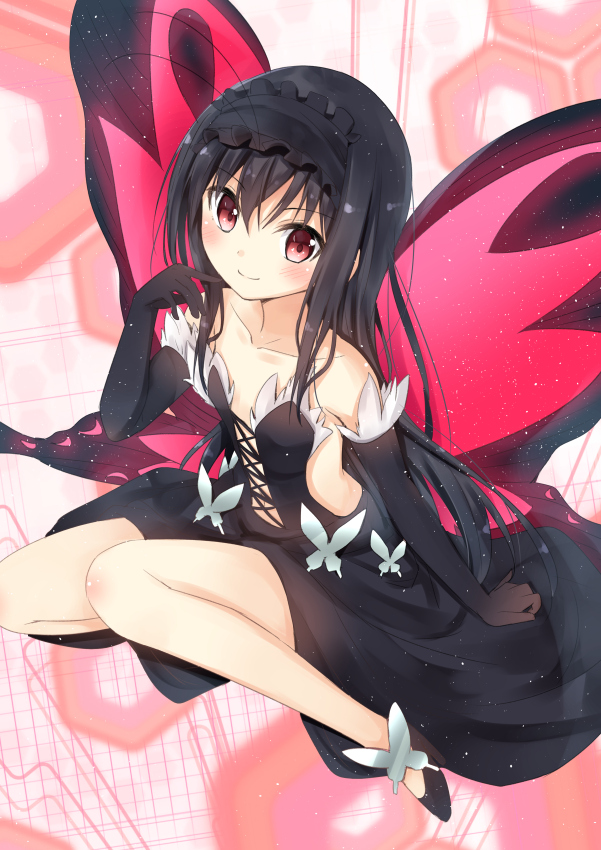 accel_world antenna_hair bad_id bad_pixiv_id banned_artist bare_shoulders black_dress black_gloves black_hair blush butterfly_wings center_opening dress elbow_gloves gloves hairband kuroyukihime long_hair looking_at_viewer mirai_(macharge) red_eyes smile solo wings