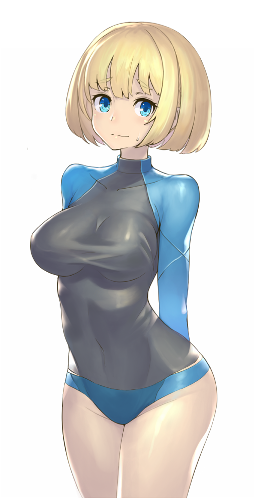 arms_behind_back blonde_hair blue_eyes blush breasts collarbone covered_navel cowboy_shot groin large_breasts leotard looking_at_viewer nadare-san_(nadare3nwm) phalanx_(sekaiju) sekaiju_no_meikyuu sekaiju_no_meikyuu_3 short_hair simple_background skin_tight solo standing sweatdrop taut_clothes taut_leotard wavy_mouth white_background