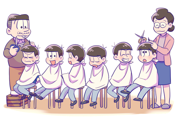 &gt;_&lt; 6+boys :3 :o ^_^ ag_(dkd_wnl) ahoge black_hair blush brothers buck_teeth child closed_eyes closed_mouth cutting_hair drooling facial_hair family glasses grin holding_hands lineup long_sleeves looking_at_another matsuno_choromatsu matsuno_ichimatsu matsuno_juushimatsu matsuno_karamatsu matsuno_matsuyo matsuno_matsuzou matsuno_osomatsu matsuno_todomatsu multiple_boys osomatsu-kun osomatsu-san pants scissors sextuplet_(osomatsu-kun) sextuplets shirt shoes siblings sitting skirt sleeping slippers smile standing standing_on_object stool sweat sweater teeth
