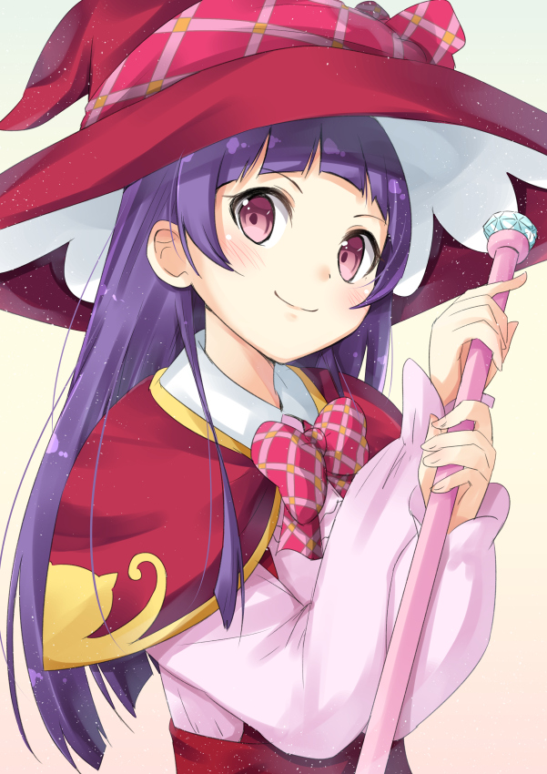bad_id bad_pixiv_id banned_artist blush capelet hat izayoi_liko long_hair looking_at_viewer magic_school_uniform mahou_girls_precure! mirai_(macharge) pink_eyes precure purple_hair solo wand witch_hat