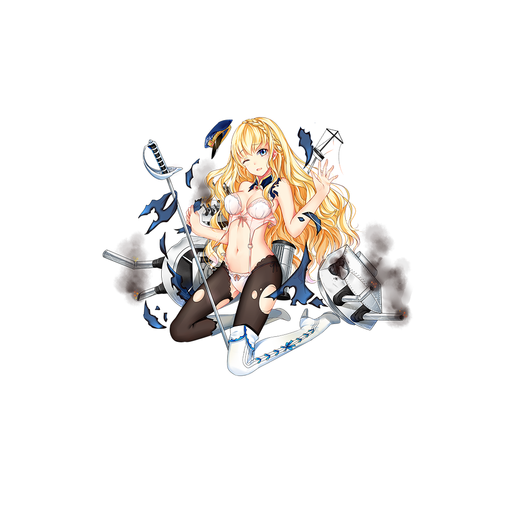 black_legwear blonde_hair blue_eyes boots bow bow_bra bow_panties bra braid breasts cannon cleavage damaged exploding_clothes garter_straps glorious_(zhan_jian_shao_nyu) hat hat_removed headwear_removed high_heel_boots high_heels long_hair machinery mana_(418208360) medium_breasts official_art one_eye_closed panties pantyhose peaked_cap rigging smoke solo strapless strapless_bra sword thigh_boots thighhighs torn_clothes torn_legwear transparent_background turret underwear weapon white_bra white_footwear white_legwear white_panties wince zhan_jian_shao_nyu