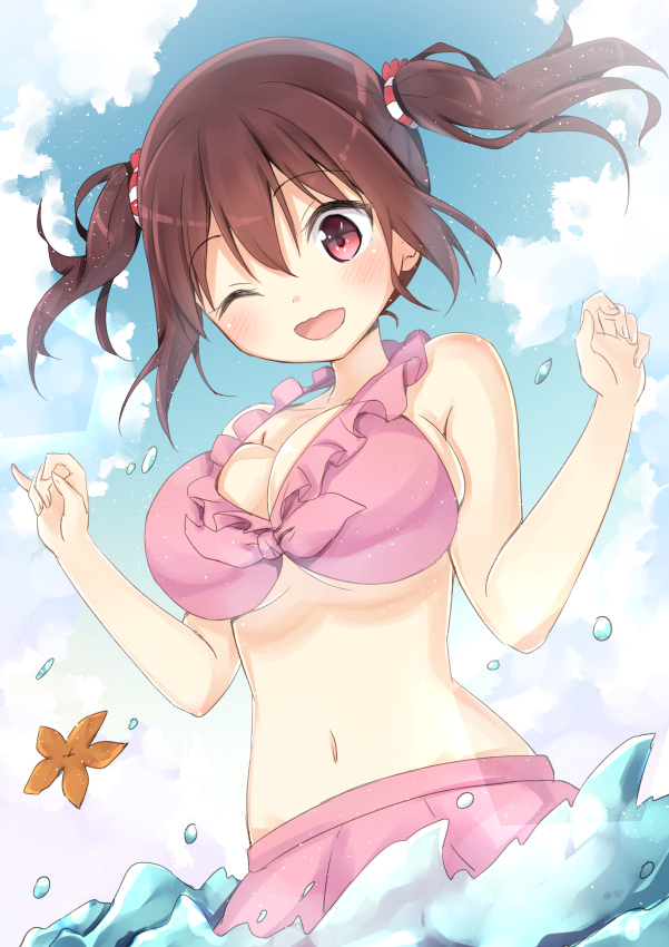 ;d bad_id bad_pixiv_id banned_artist bikini blush breasts brown_hair ebina_nana hair_ornament himouto!_umaru-chan large_breasts mirai_(macharge) navel one_eye_closed open_mouth partially_submerged pink_bikini pink_eyes short_hair smile solo swimsuit twintails water wavy_mouth