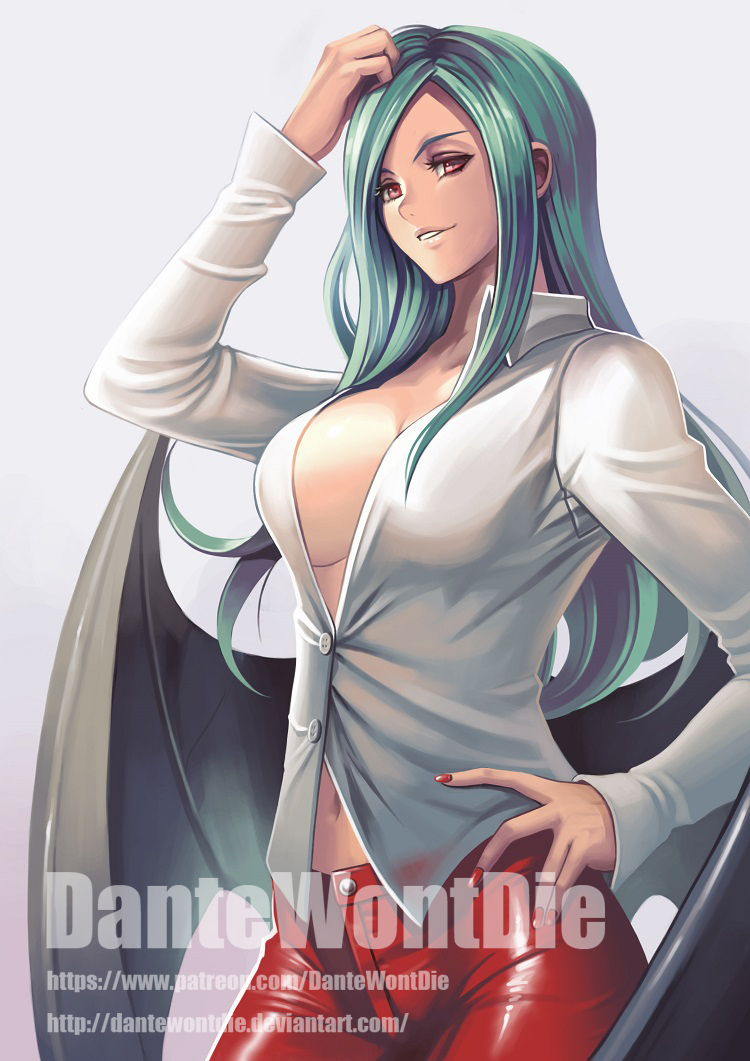 artist_name banned_artist bat_wings buttons casual collarbone collared_shirt contrapposto cowboy_shot dress_shirt green_hair grin hand_in_hair hand_on_hip leather leather_pants long_hair long_sleeves low_wings morrigan_aensland nail_polish navel no_bra pants parted_lips pink_eyes red_nails red_pants shirt sidelocks smile solo standing teeth tsurime vampire_(game) very_long_hair watermark web_address wings yinan_cui