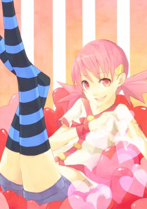 akane_(pokemon) gym_leader heart legs pink_hair pokemon smile stripped_socks twintails