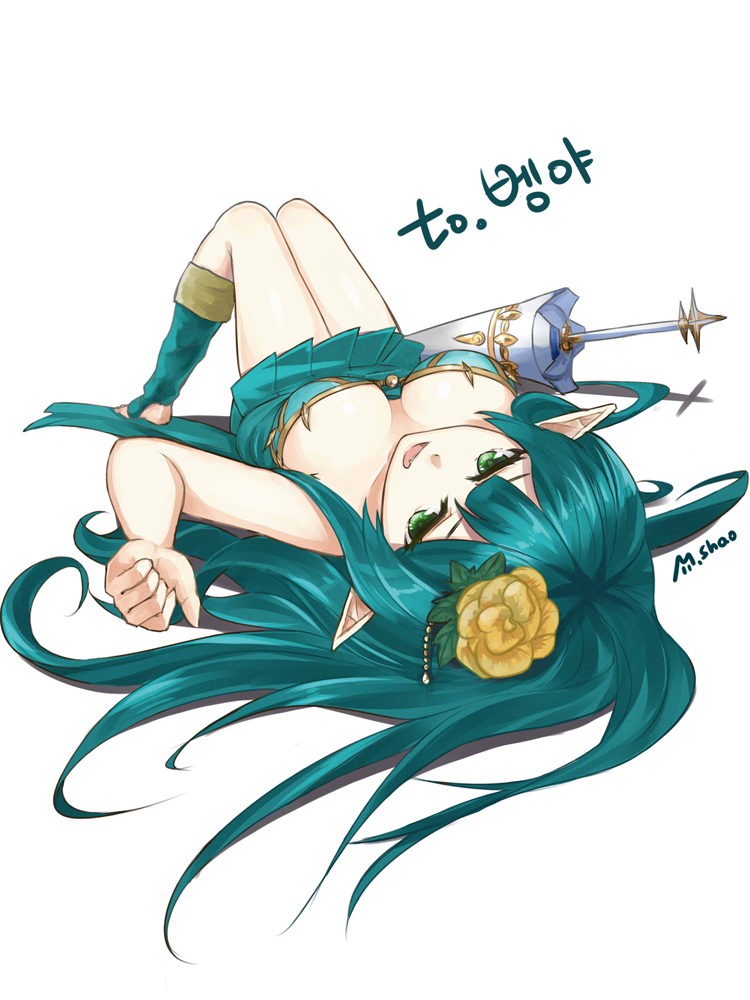 aqua_clothes aqua_hair bad_id bad_pixiv_id barefoot breasts cleavage downblouse dungeon_and_fighter fang foreshortening full_body green_eyes green_legwear lance long_hair looking_at_viewer lying mage_(dungeon_and_fighter) medium_breasts on_back open_mouth pointy_ears polearm shaojiang simple_background smile solo toeless_legwear upside-down very_long_hair weapon white_background