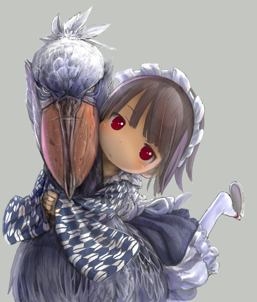 1girl bird blush brown_hair closed_mouth expressionless eyebrows_visible_through_hair hug hug_from_behind long_sleeves looking_at_viewer maid_headdress original red_eyes sandals shoebill solo thighhighs tsukushi_akihito white_legwear