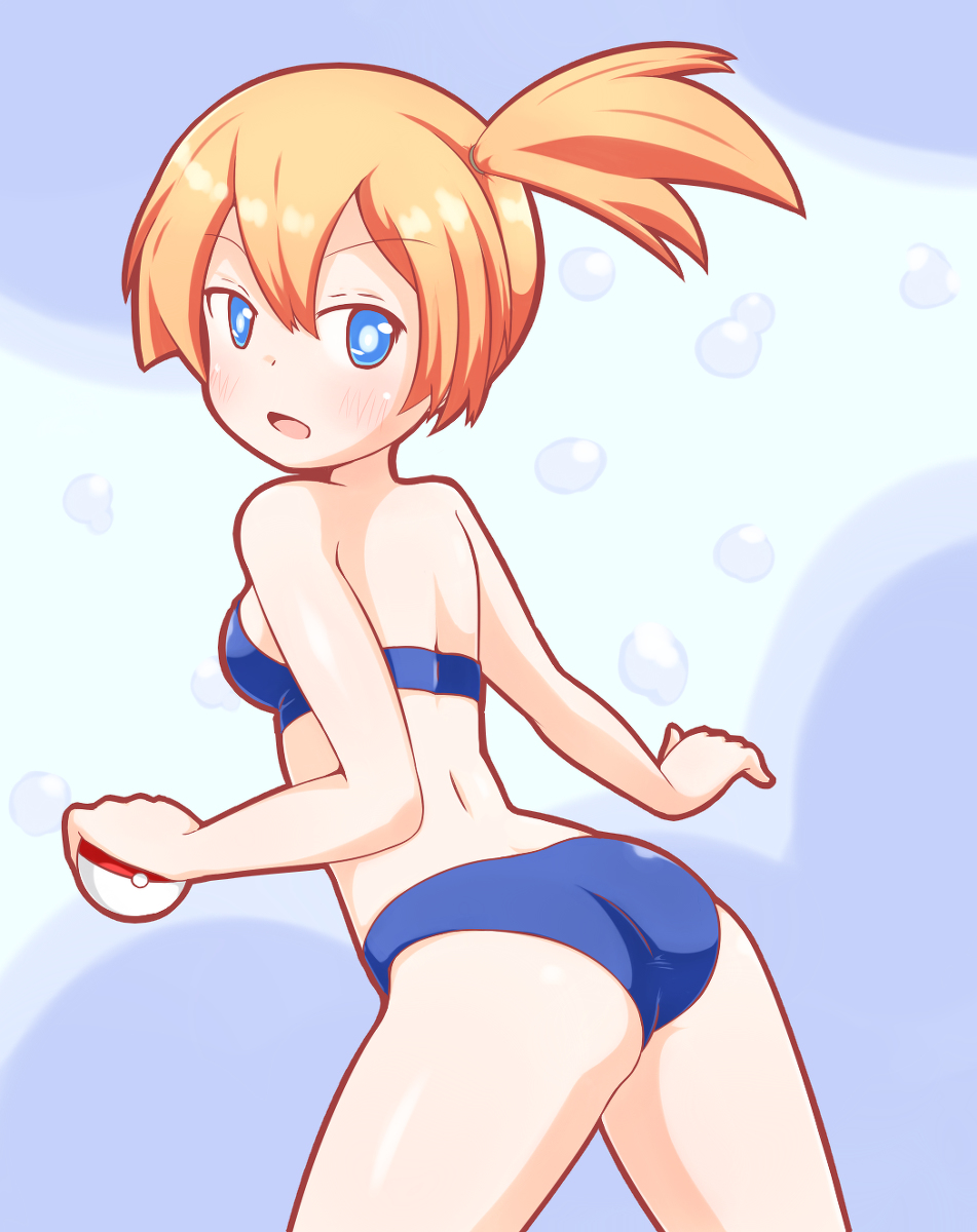 1girl a-ktoo ass bikini blue_bikini blue_eyes female gym_leader kasumi_(pokemon) orange_hair poke_ball pokemon solo swimsuit