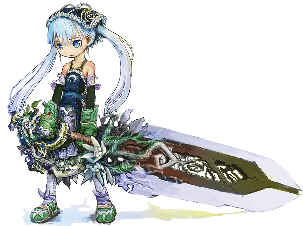 1girl bare_shoulders blue_eyes blue_hair blush collarbone eyebrows_visible_through_hair full_body holding holding_sword holding_weapon long_hair looking_away original oversized_object parted_lips solo sword tsukushi_akihito twintails weapon