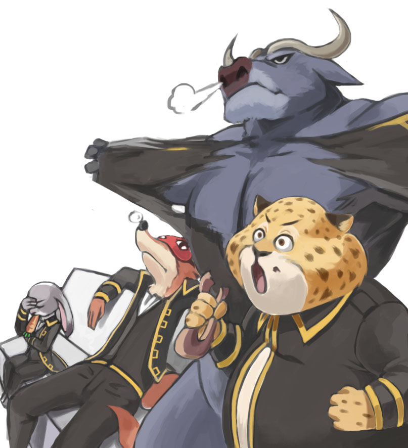 3boys :o alternate_costume animal bei_ju_luoxuan_wan benjamin_clawhauser black_jacket black_pants buffalo bunny carrot cheetah chief_bogo clenched_hands closed_mouth cosplay disney doughnut facepalm food fox furry gaijin_4koma gintama hand_on_own_face heavy_breathing hijikata_toushirou hijikata_toushirou_(cosplay) holding holding_food jacket judy_hopps kondou_isao kondou_isao_(cosplay) leaning_back long_sleeves mouth_hold multiple_boys nick_wilde okita_sougo okita_sougo_(cosplay) open_mouth pants shinsengumi_(gintama) shirt simple_background sitting sleep_mask torn_clothes torn_shirt white_background yamazaki_sagaru yamazaki_sagaru_(cosplay) zootopia