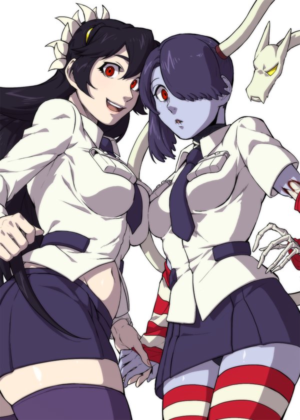 2girls black_hair blue_skin breasts detached_sleeves filia_(skullgirls) ganno hair_over_one_eye leviathan_(skullgirls) multiple_girls red_eyes samson_(skullgirls) school_uniform skirt skullgirls squigly_(skullgirls) stitched_mouth striped striped_legwear zombie