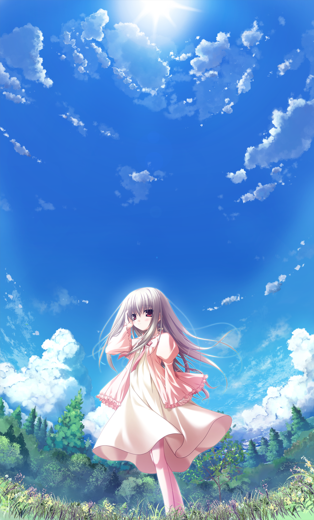 chikotam cloud day dress eden_they_were_only_two_on_the_planet fisheye hand_on_own_face highres long_hair long_sleeves nature outdoors red_eyes sion_(eden) sky solo sun tree white_hair wide_sleeves