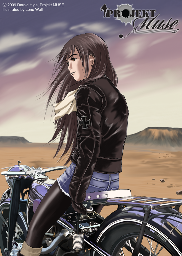 adalwolfa_schulman brown_hair denim denim_skirt from_behind ground_vehicle iron_cross jacket leather leather_jacket lone_wolf long_hair military motor_vehicle motorcycle non-web_source pantyhose projekt_muse skirt solo
