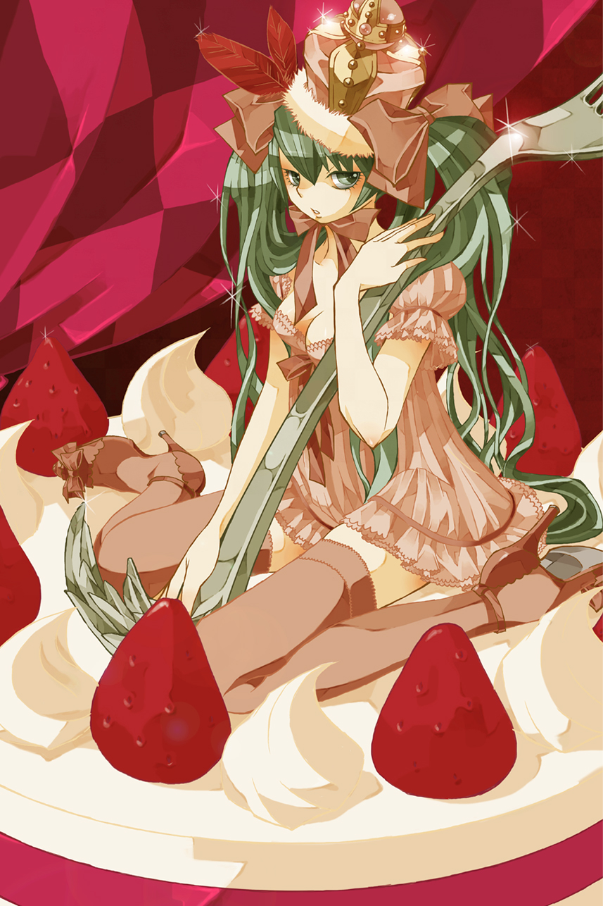 breasts cleavage cream food fork fruit green_eyes green_hair hatsune_miku high_heels highres long_hair medium_breasts oversized_object sakura_(superbunnys) shoes sitting solo strawberry thighhighs twintails very_long_hair vocaloid zettai_ryouiki