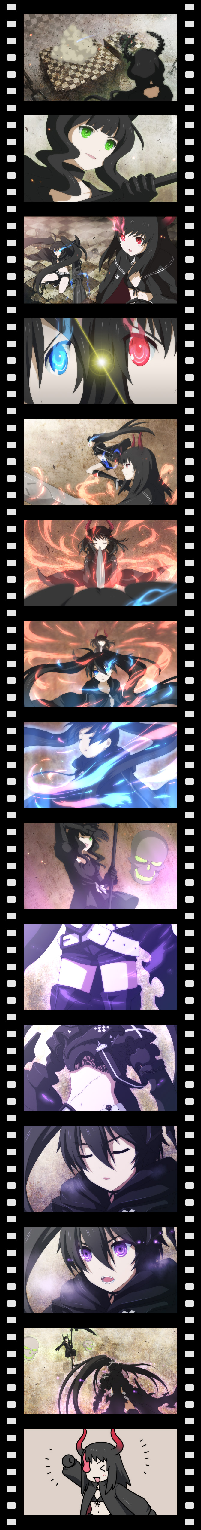 absurdres black_gold_saw black_hair black_rock_shooter black_rock_shooter_(character) blue_eyes boots dead_master film_strip green_eyes gun highres insane_black_rock_shooter king_saw knee_boots long_hair long_image multiple_girls purple_eyes red_eyes scythe sion_(laterna_magica) sword tall_image twintails weapon