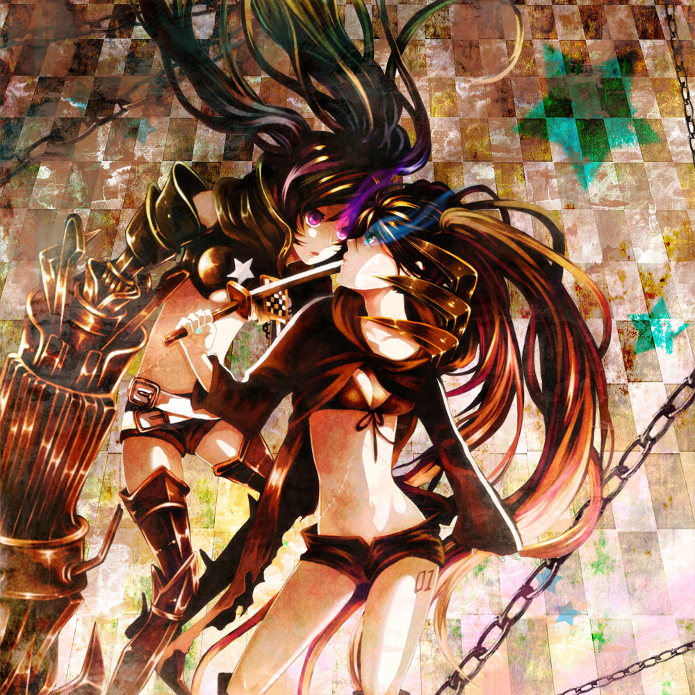 armor bad_id bad_pixiv_id belt bikini_top black_hair black_rock_shooter black_rock_shooter_(character) blue_eyes boots breasts burning_eye chain checkered cleavage dual_persona gauntlets greaves huge_weapon insane_black_rock_shooter katana long_hair medium_breasts midriff multiple_girls navel purple_eyes scar shorts stitches sword thigh_boots thighhighs tsukudato twintails weapon