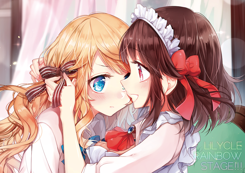 adjusting_another's_hair adjusting_hair blonde_hair blue_eyes bow brown_hair commentary_request hair_bow kugayama_arisu lily_lyric_cycle long_hair maid_headdress multiple_girls official_art oribe_ibuki red_eyes school_uniform short_hair tying_hair yukiko_(tesseract) yuri