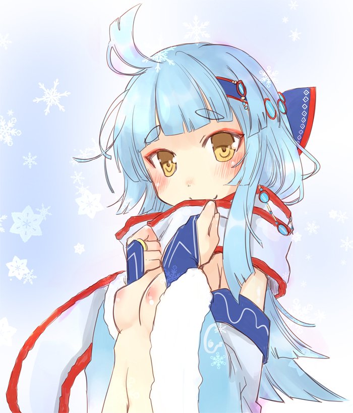 ahoge bangs blue_hair blunt_bangs blush bow breasts bridal_gauntlets commentary_request eyebrows eyebrows_visible_through_hair headband jpeg_artifacts long_hair looking_at_viewer navel nipples rokka_(shironeko_project) scarf shironeko_project small_breasts smile snowflakes snowing solo theta_(ponkotsu_works) yellow_eyes