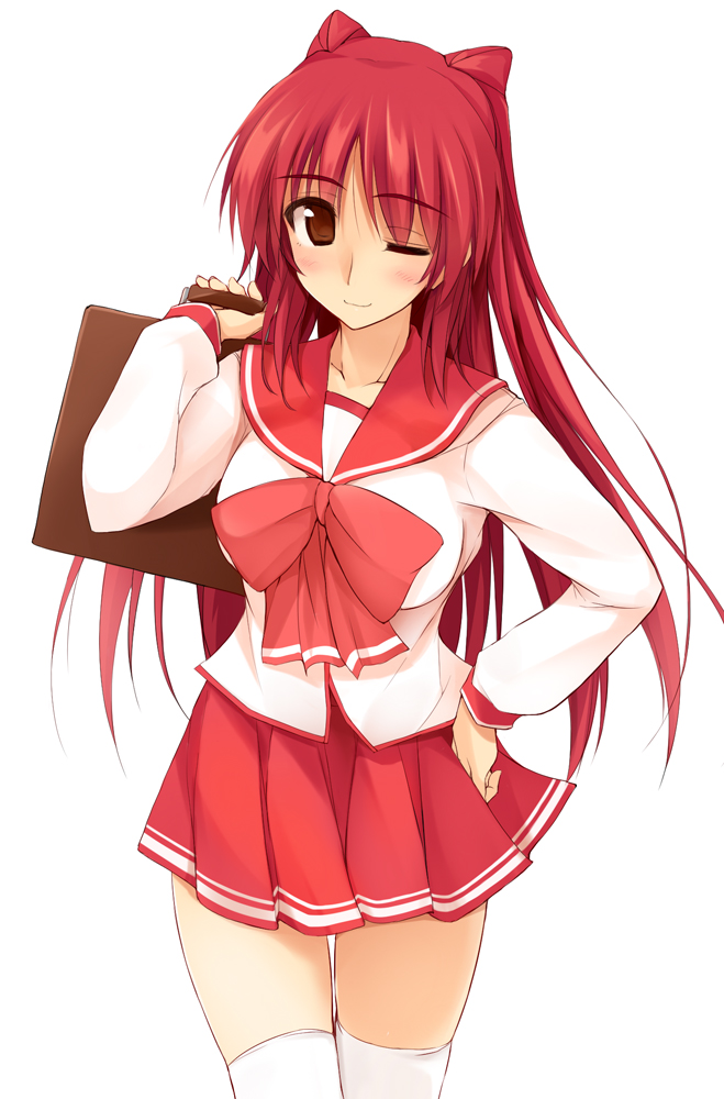 ;) bag blush bookbag breasts brown_eyes closed_mouth eyebrows eyebrows_visible_through_hair hand_on_hip kousaka_tamaki large_breasts long_hair long_sleeves looking_at_viewer one_eye_closed over_shoulder pleated_skirt red_hair red_skirt school_bag school_uniform serafuku simple_background skirt smile solo thighhighs to_heart_2 white_background white_legwear zekkyon
