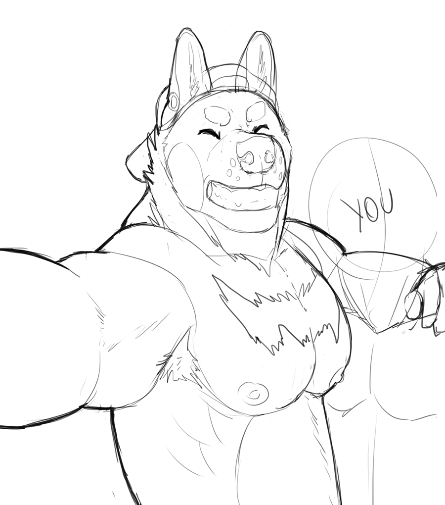 anthro black_and_white canine chest_tuff clothed clothing duo eyes_closed fur hair hat male mammal monochrome muscular nipples open_mouth reindeeroo sketch smile tagme teeth topless you