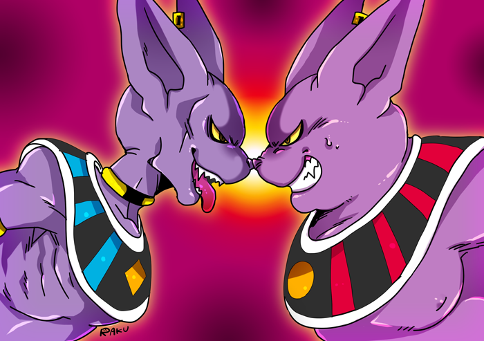 animal_ears artist_name beerus brothers cat_ears champa_(dragon_ball) dragon_ball dragon_ball_super fat fat_man grin jewelry male_focus multiple_boys neck_ring no_humans noses_touching open_mouth purple_skin raku220p ribs sharp_teeth siblings signature single_earring smile teeth tongue tongue_out