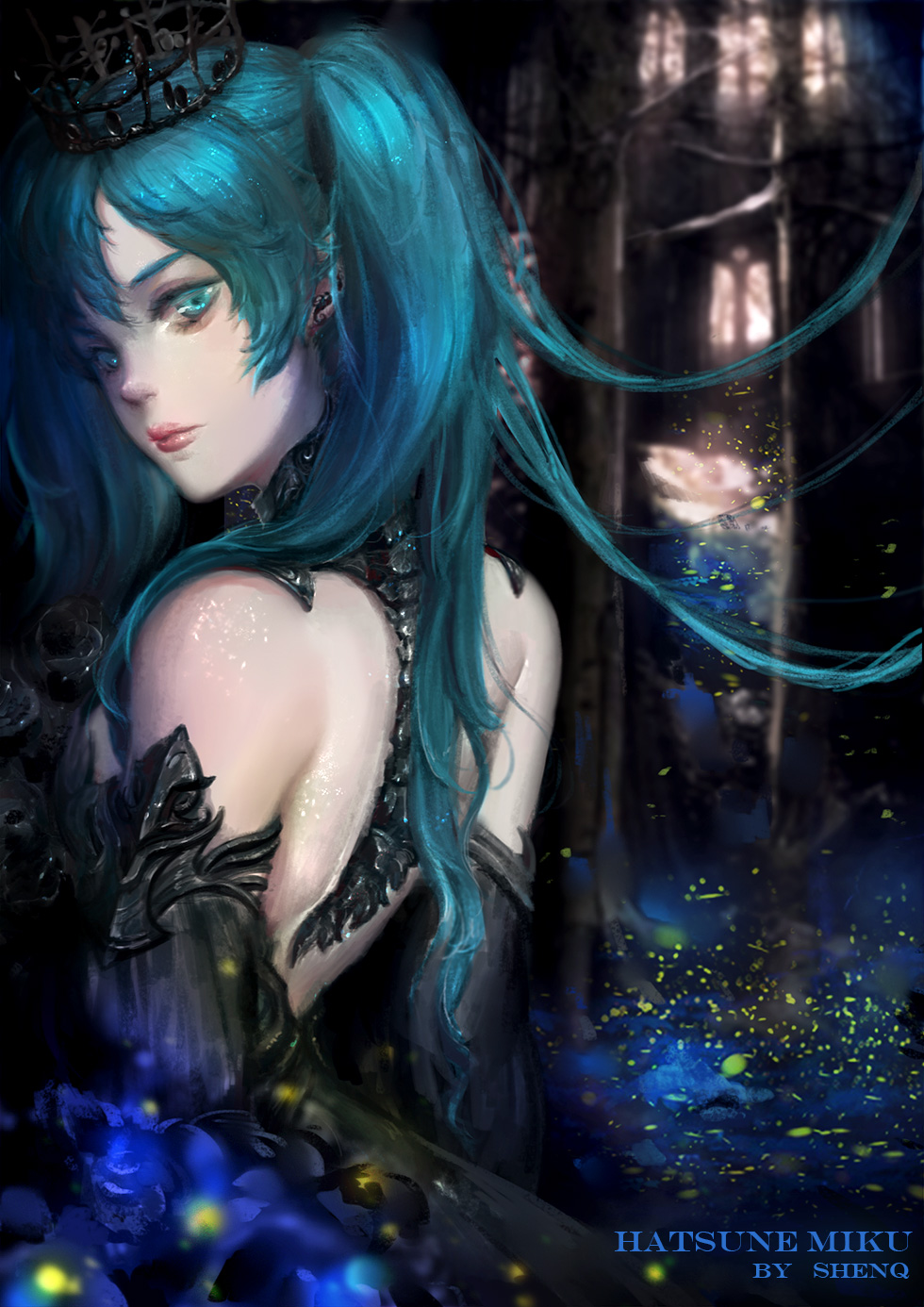 alternate_costume artist_name bangs black_dress blue_eyes blue_flower blue_hair blue_rose blurry character_name closed_mouth crown depth_of_field detached_sleeves dress eyelashes flower from_behind hatsune_miku highres jewelry light_particles lipstick long_hair looking_back makeup rose shenq solo twintails upper_body vocaloid