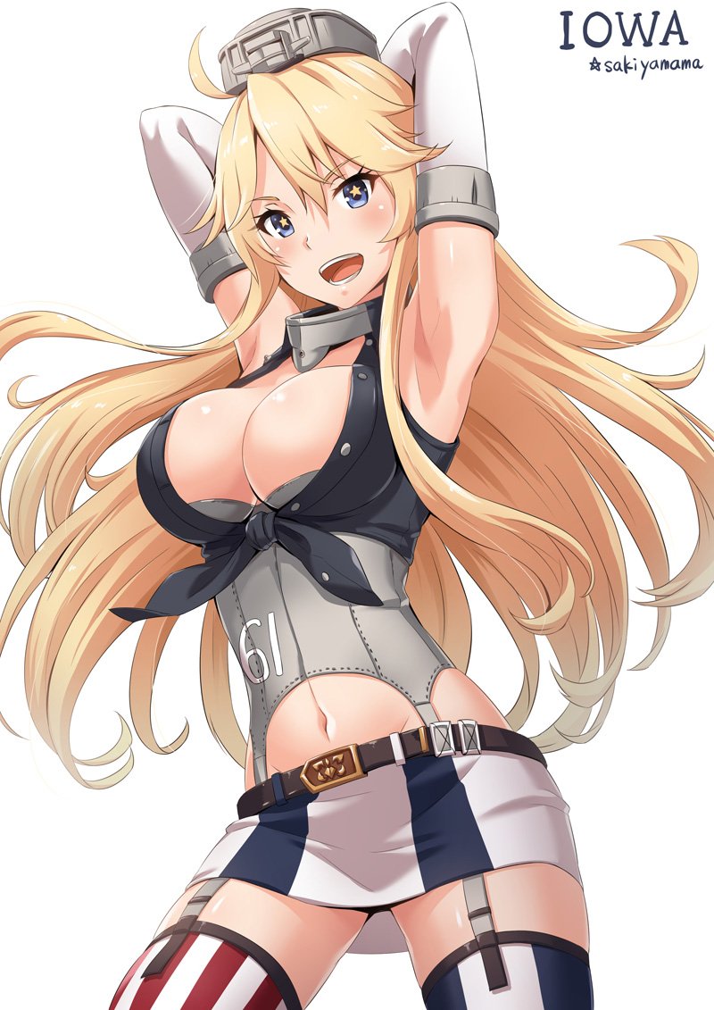 :d armpits arms_up artist_name belt belt_buckle blonde_hair blue_eyes blush breasts buckle character_name cleavage collar corset crop_top elbow_gloves front-tie_top garter_straps gloves hair_between_eyes iowa_(kantai_collection) kantai_collection large_breasts long_hair looking_at_viewer miniskirt mismatched_legwear navel open_mouth sakiyamama simple_background skirt smile solo standing star star-shaped_pupils striped striped_legwear symbol-shaped_pupils thighhighs underbust vertical-striped_legwear vertical-striped_skirt vertical_stripes white_background white_gloves zettai_ryouiki