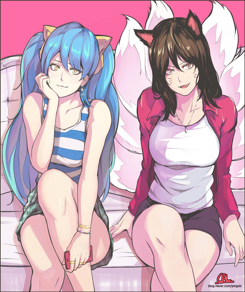 ahri animal_ears artist_name blue_hair bracelet breasts brown_hair cal_(pmgdd) cellphone crossed_legs earrings facial_mark fang fox_ears fox_tail hair_ribbon head_tilt horizontal_stripes jacket jewelry large_breasts league_of_legends long_hair looking_at_viewer multiple_girls multiple_tails necklace open_clothes open_jacket phone red_eyes ribbon ring shirt sitting smile smirk sona_buvelle striped striped_shirt tail twintails watermark web_address whisker_markings yellow_eyes