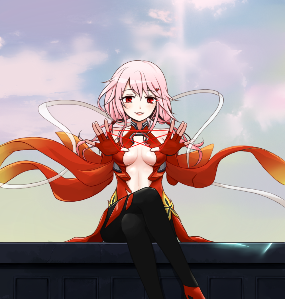bad_id bad_pixiv_id bare_shoulders black_legwear breasts cat's_cradle center_opening cleavage detached_sleeves elbow_gloves fingerless_gloves gloves guilty_crown hair_ornament hairclip hane_m1mmmo looking_at_viewer medium_breasts pink_hair red_eyes smile solo twintails yuzuriha_inori