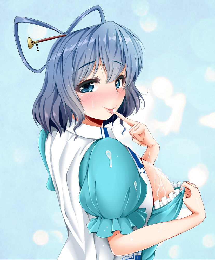 blue_eyes blue_hair blush breasts finger_licking hair_ornament hair_stick kaku_seiga koza47322 large_breasts licking looking_back solo touhou