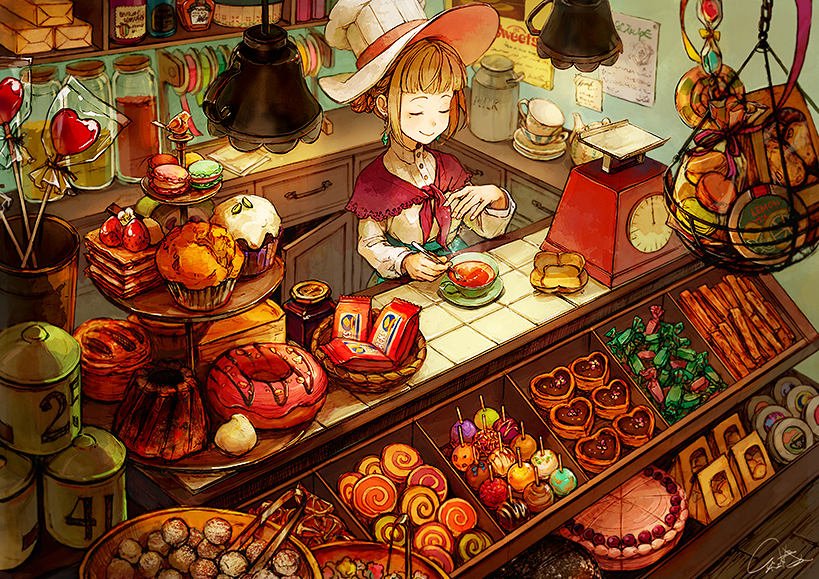 akagi_shun bag bangs basket blunt_bangs bowl brown_hair cabinet cake candy chef_hat closed_eyes commentary_request counter cup doughnut earrings food hat heart-shaped_food holding holding_spoon indoors jar jewelry kitchen_scale lollipop macaron magic milk milk_churn mille-feuille mole mole_under_eye muffin number original paper_bag pastry shawl shelf shirt shop short_hair signature smile solo spool spoon stirring sweets swirl_lollipop teacup teapot tiered_tray tiles tongs weighing_scale white_shirt witch_hat wooden_floor wrapped_candy