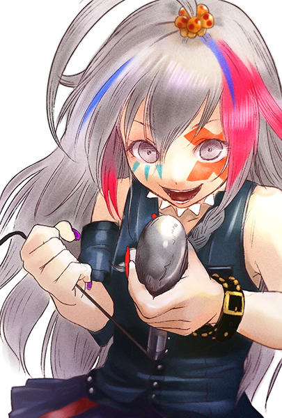 ahoge bracelet commentary_request facepaint hoshi_shouko idolmaster idolmaster_cinderella_girls jewelry long_hair makeup microphone nail_polish open_mouth oumi_mizu silver_hair simple_background smile solo white_background