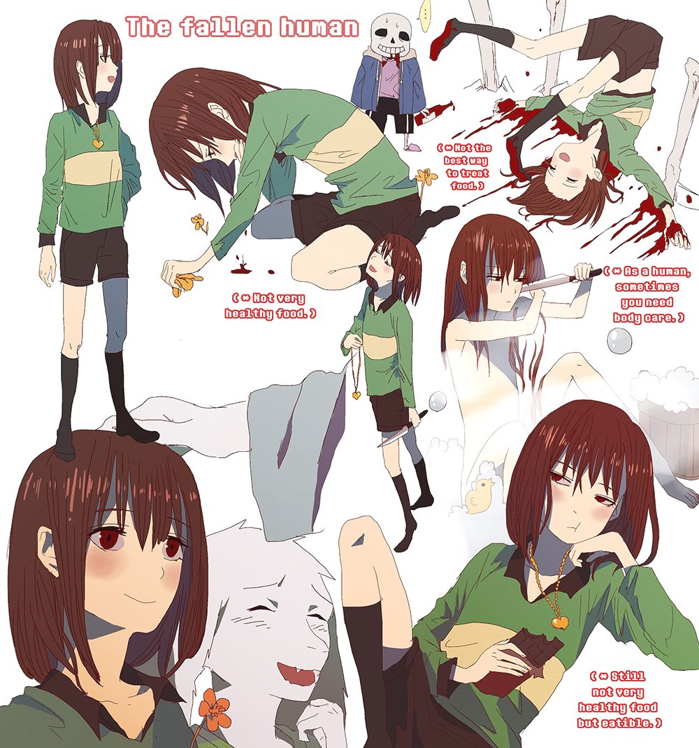androgynous asriel_dreemurr bathing blood bloody_clothes blush_stickers bone bossmonsterbani brown_hair bucket bucket_of_water chara_(undertale) chocolate_bar convenient_censoring coughing_blood cutting_own_hair eating english flower hair_censor heart heart_necklace hood hoodie jewelry jitome ketchup_bottle knife long_hair multiple_boys necklace no_shoes outstretched_arms petting red_eyes reference_sheet rubber_duck sans shirt skeleton spoilers steam steam_censor striped striped_shirt typo undertale upside-down