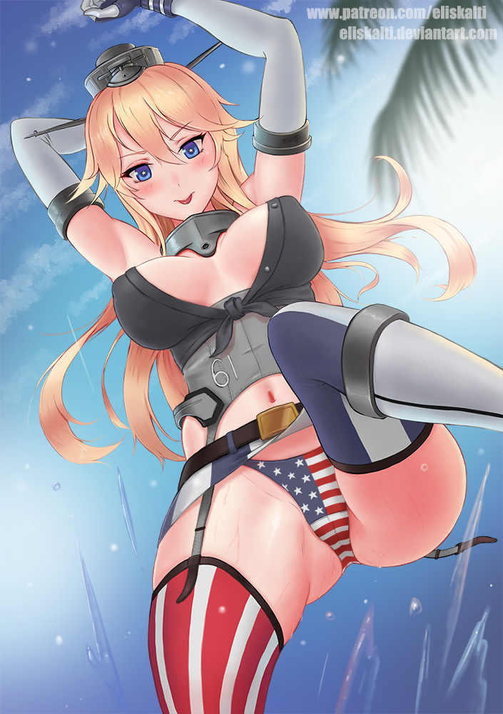 american_flag_panties arm_behind_head arms_up bad_id bad_pixiv_id belt belt_buckle blonde_hair blue_eyes blue_sky blush breasts buckle cleavage cloud cowboy_shot crotch day eliskalti from_below front-tie_top garter_straps gloves hair_between_eyes headgear iowa_(kantai_collection) kantai_collection large_breasts light_smile long_hair looking_at_viewer looking_down midriff miniskirt mismatched_legwear navel palm_tree skirt sky solo splashing star star-shaped_pupils striped striped_legwear symbol-shaped_pupils thighhighs tongue tongue_out tree vertical-striped_legwear vertical-striped_skirt vertical_stripes watermark web_address