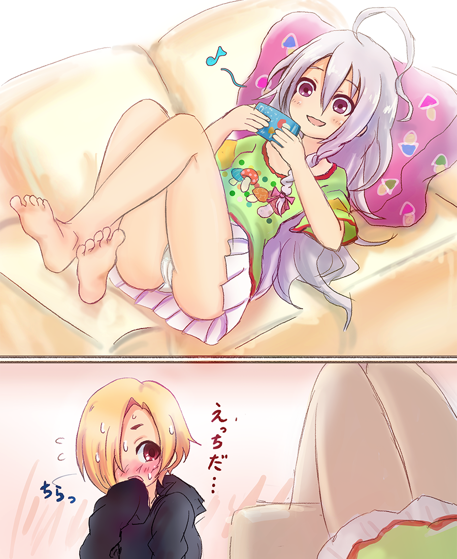 ahoge barefoot blonde_hair blush braid cameltoe cellphone comic couch eighth_note feet hair_over_one_eye hood hoodie hoshi_shouko idolmaster idolmaster_cinderella_girls legs long_hair lying multiple_girls musical_note no_nose open_mouth panties phone pillow shirasaka_koume short_hair silver_hair single_braid skirt smile sweat takatsurt translated underwear upskirt yuri