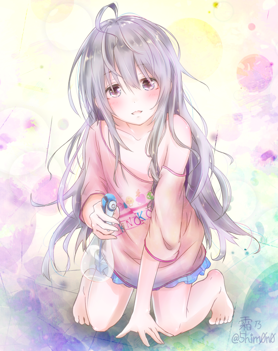 ahoge bare_legs bare_shoulders barefoot blush braid collarbone full_body highres hoshi_shouko idolmaster idolmaster_cinderella_girls idolmaster_cinderella_girls_starlight_stage kneeling long_hair long_sleeves looking_at_viewer shimono_(utapre) silver_hair smile solo very_long_hair