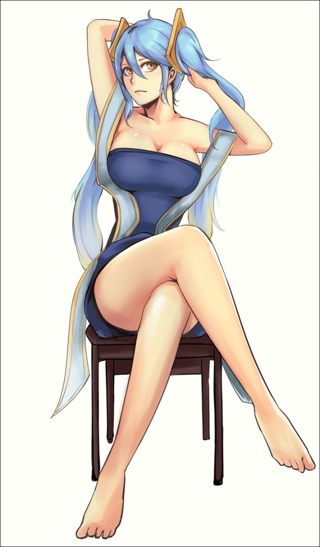 adjusting_hair barefoot blue_hair breasts cal_(pmgdd) chair cleavage crossed_legs dress full_body hair_ornament large_breasts league_of_legends long_hair short_dress simple_background sitting solo sona_buvelle twintails very_long_hair white_background yellow_eyes