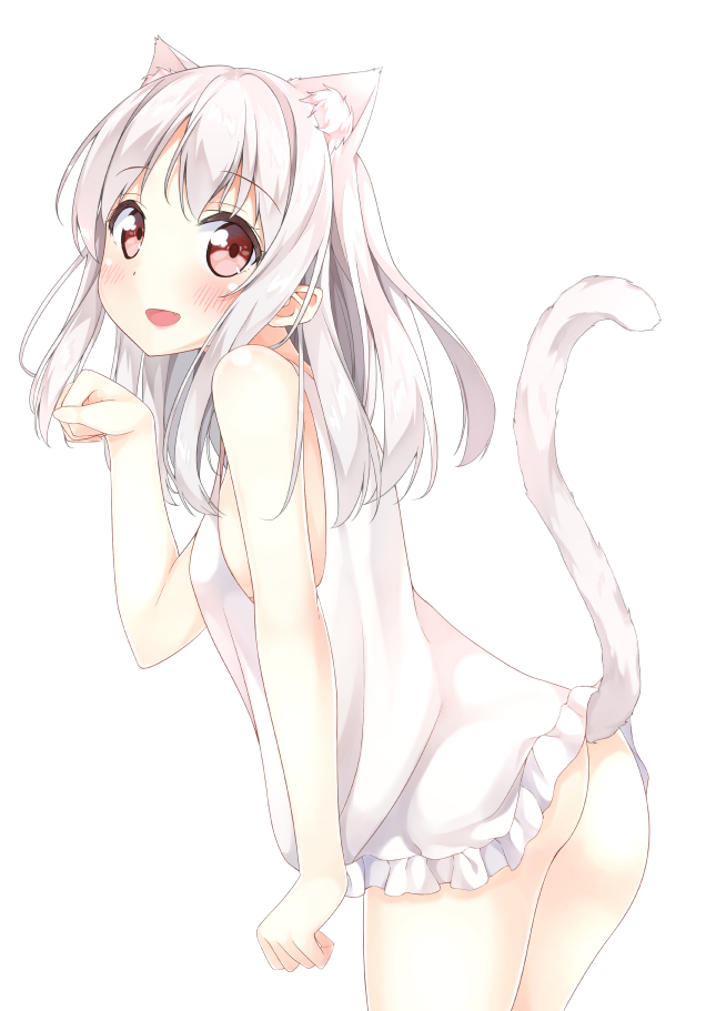 animal_ears ass bare_shoulders blush brown_eyes cat_ears cat_tail commentary_request dress kantoku_(style) karutamo long_hair looking_at_viewer no_panties open_mouth original paw_pose silver_hair smile solo tail tisshu_(karutamo) white_dress