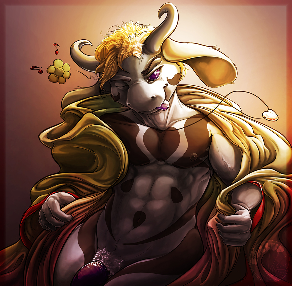 2015 abs anthro asriel_dreemurr biceps black_fur blonde_hair boss_monster clothing digital_media_(artwork) exto flower fur hair half-length_portrait horn jewelry male muscular muscular_male necklace nipples nude one_eye_closed pecs penis plant portrait pubes purple_eyes robe solo tongue tongue_out undertale video_games white_fur
