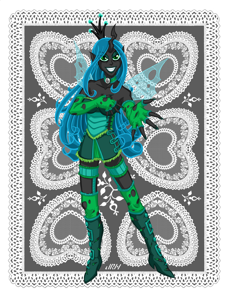 2016 animal_humanoid boots changeling clothing corset elbow_gloves fangs female footwear friendship_is_magic gloves green_hair hair high_heels holes horn humanoid legwear long_hair my_little_pony queen_chrysalis_(mlp) skirt solo stockings texasuberalles wings