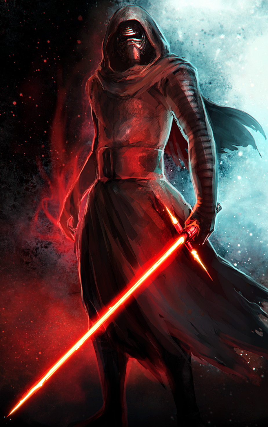 cape energy_sword glowing glowing_weapon helmet highres hood kylo_ren lazur_(piccsh) lightsaber male_focus mask md5_mismatch science_fiction sith solo star_wars star_wars:_the_force_awakens sword weapon