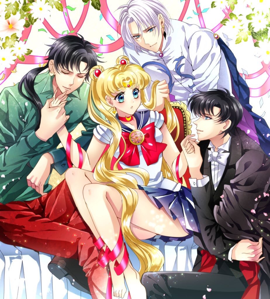 3boys barefoot bishoujo_senshi_sailor_moon black_hair black_moon_clan blonde_hair blue_eyes blue_sailor_collar blue_skirt bow bowtie brooch cape chiba_mamoru choker closed_eyes double_bun earrings flower green_shirt hair_ornament hairpin holding_hands jewelry long_hair looking_at_another magical_girl multiple_boys pants pink_ribbon ponytail prince_demande red_bow red_choker red_neckwear red_pants red_ribbon ribbon sailor_collar sailor_moon sailor_senshi_uniform seiya_kou shirt sitting skirt tiara tomomiya tsukino_usagi twintails white_hair