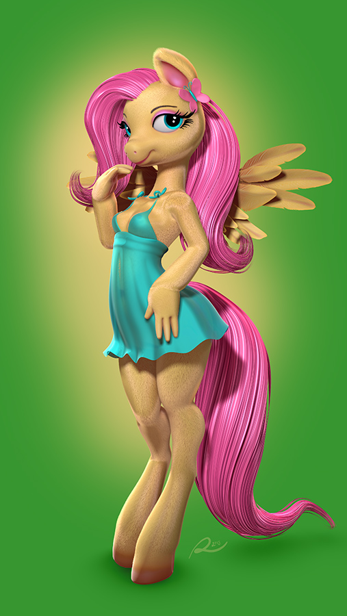 3d_(artwork) anthro anthrofied biped blue_eyes breasts cgi clothed clothing digital_media_(artwork) dress ear_piercing equine feathered_wings feathers female fluttershy_(mlp) friendship_is_magic fur hair hand_on_hip hooves horn horse long_hair looking_at_viewer mammal my_little_pony piercing pink_hair pony runsammya semi-anthro smile standing wings yellow_fur
