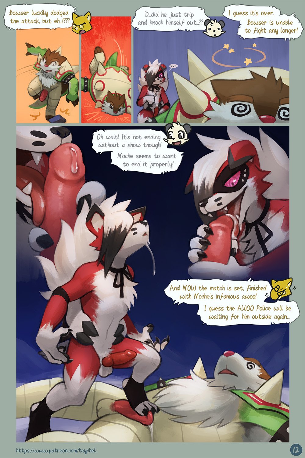 animal_genitalia animal_penis anthro awoo balls canine_penis chesnaught comic cum cum_in_mouth cum_inside dialogue domination duo_focus english_text erection group haychel howl knot licking lycanroc lying male male/male mask melee_weapon midnight_lycanroc nintendo nude on_back oral penis pok&eacute;mon pok&eacute;mon_(species) speech_bubble sword text tongue tongue_out unconscious video_games weapon
