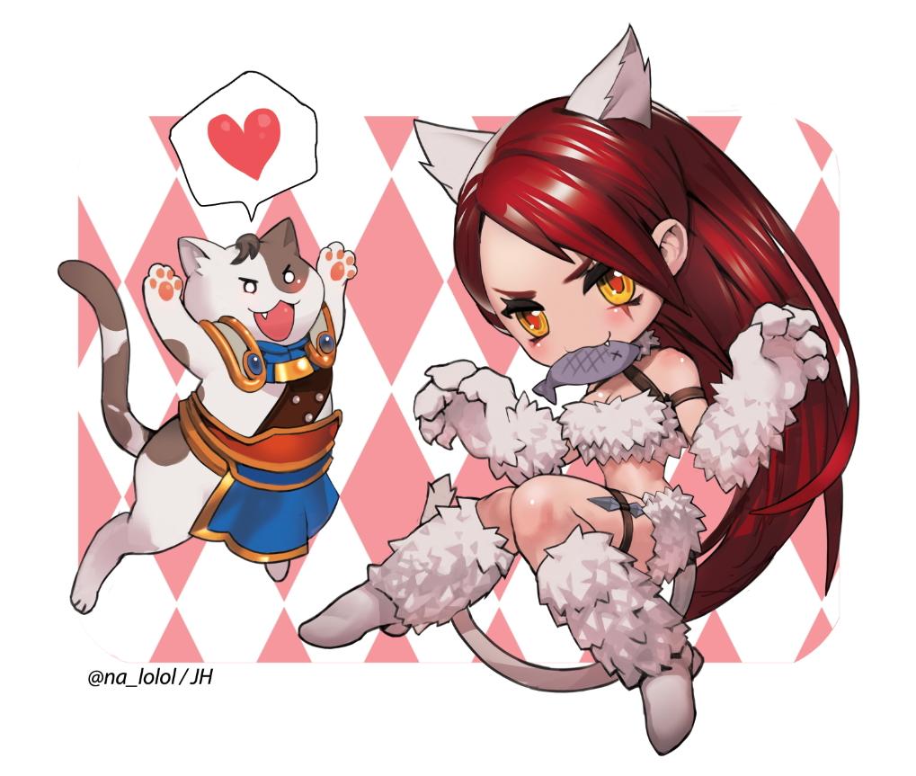1girl :3 animal_ears bad_id bad_twitter_id bikini blush boots breasts cat cat_ears cat_tail choker claws cleavage commentary_request elbow_gloves fang fish fish_in_mouth fur fur_trim garen_crownguard gloves katarina_du_couteau korean_commentary league_of_legends medium_breasts nabicarol_(na_lolol) paw_gloves paws red_hair scar scar_across_eye swimsuit tail thigh_strap twitter_username v-shaped_eyebrows yellow_eyes