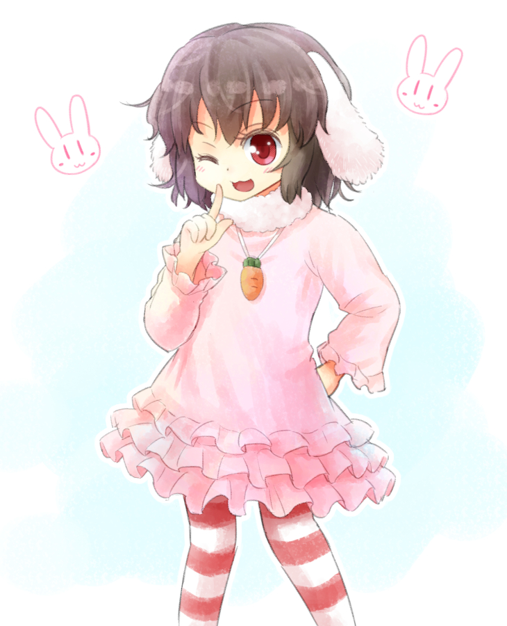 animal_ears black_hair blush bunny bunny_ears carrot_necklace child dress eyebrows eyebrows_visible_through_hair frilled_dress frills fur_trim inaba_tewi index_finger_raised long_sleeves looking_at_viewer morioka_itari one_eye_closed pantyhose pink_dress red_eyes short_hair solo striped striped_legwear touhou
